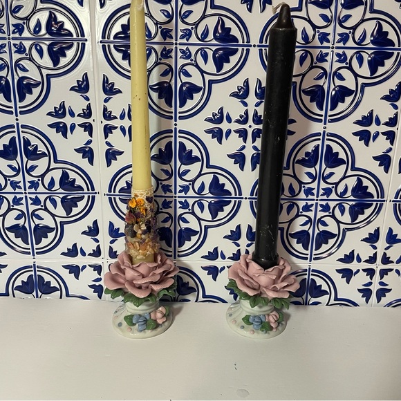 Vintage Set 1970’s Bisque Porcelain Handcrafted Rose Candle Holders on Pedestals - Picture 10 of 13